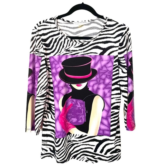 Peter Nygard soft stretchy vibrant 3/4 sleeve tee zebra print lady graphic - Picture 1 of 5